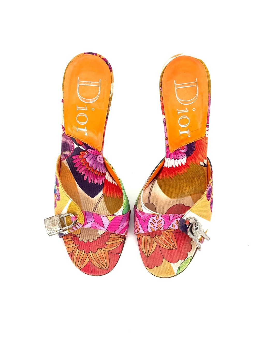 Christian Dior Vintage John Galliano Padlock and Key Floral Print Mules 37.5 - Picture 8 of 10